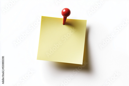 Yellow Sticky Note Pinned to White Background with Red Pushpin Closeup