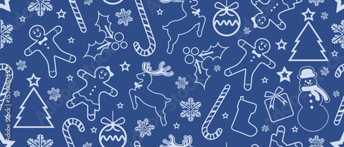 Christmas Outline Seamless Pattern. Christmas and New year Holiday Repeatable Pattern. Decorative Elements Texture for Wallpaper, Gift Wrapping paper, Card or Banner Template or Fabric Textile Prints.