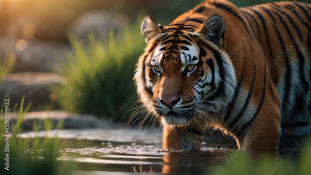 Fototapeta premium A wild Bengal tiger is quenching its thirst beside a river.