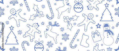 Christmas Outline Seamless Pattern. Christmas and New year Holiday Repeatable Pattern. Decorative Elements Texture for Wallpaper, Gift Wrapping paper, Card or Banner Template or Fabric Textile Prints.