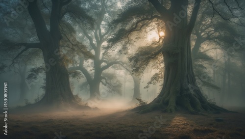 A breathtaking sight of a magnificent woods on a misty day.