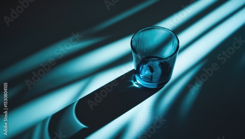 A basic water glass filled with sparkling water projects a lengthy diagonal shadow onto a black granite slab when viewed from above.
