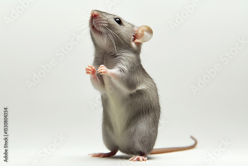 Adorable Gray Rat Standing on Hind Legs with Paws Up Against White Background