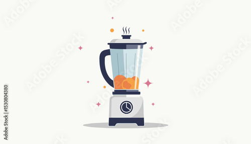 Stylized illustration of a blender with fruits and a sparkling design