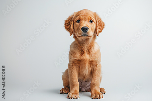 Adorable Golden Retriever Puppy Sitting Upright on Light Background with a Sweet Expression