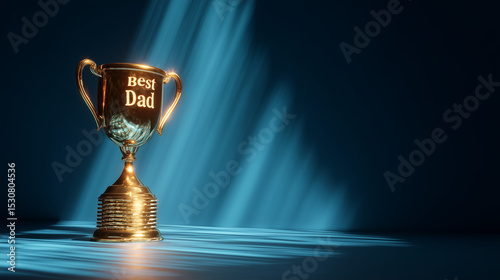 3D rendered golden trophy with “Best Dad” engraved, blue background, dramatic spotlight and shadows
