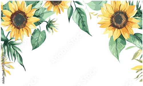 Floral border with sunflowers and foliage, watercolor botanical art, summer background, wedding invitation card, birthday celebration, vector illustration, garden design, nature decor.