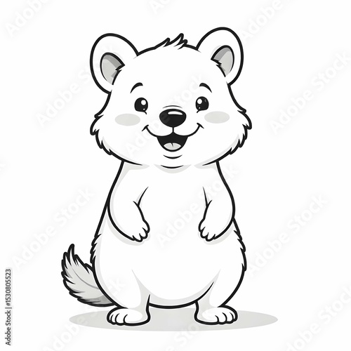 Single black and white vector icon of a smiling quokka standing upright, minimalist line art style, friendly marsupial from Australia, no background
