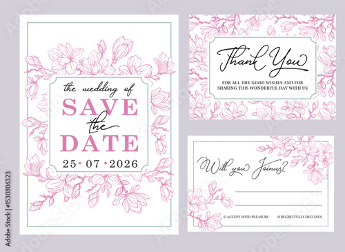 Save the Date and RSVP set. Botanical wedding invitation template design, white magnolia flowers and leaves. Template design with highly detailed, vector, realistic spring flowers.