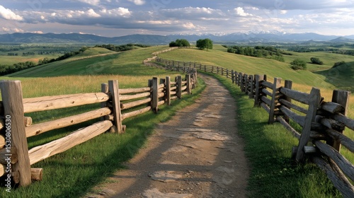 Scenic rural landscape with a dirt path winding through green fields and wooden fences under a partly cloudy sky photo