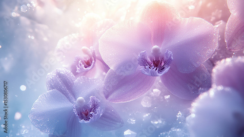 Pale purple orchids with shimmering details.
Beautiful flowers with a magical, frosty glow.