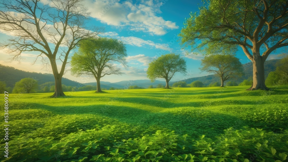 Fototapeta premium A lush carpet, touched by the sun's warmth, stretches out beneath a canopy of bare trees. A peaceful landscape, illuminated by the golden light of a clear day.