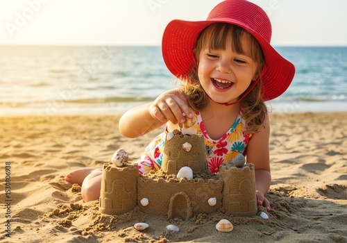 Adorable Toddler Girl Builds a Sandcastle on Sunny Beach, Happy Child Playing with Seashells at Sunset, Summer Vacation Fun