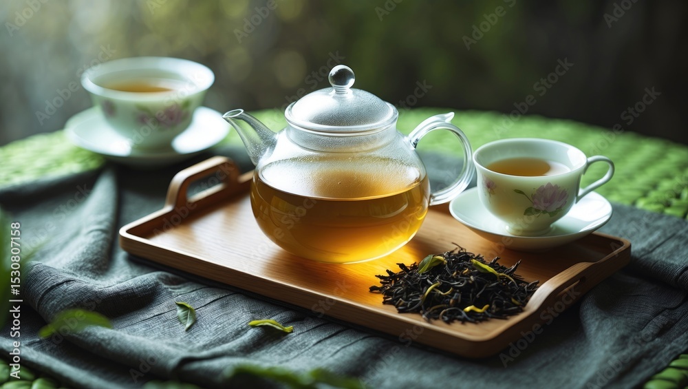 Fototapeta premium A Peaceful TEA SETUP Elegantly Organized on a Warm Tablecloth for an Ideal Atmosphere