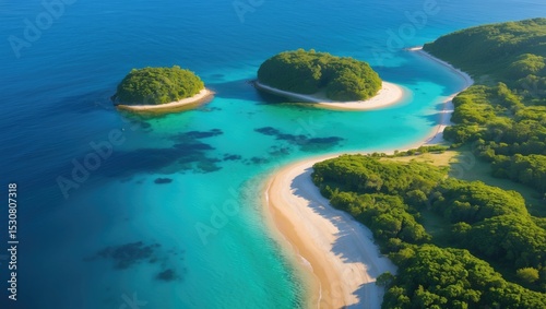 Fototapeta Naklejka Na Ścianę i Meble -  Aerial drone image of Kanakia beach featuring crystal clear turquoise sea, perfect for a peaceful vacation near Athens, Salamina island, Saronic Gulf, Greece