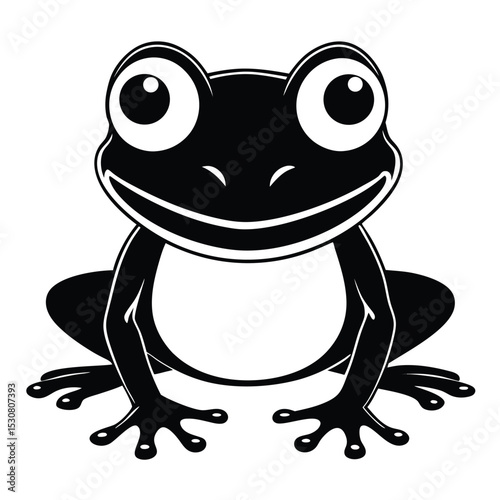 Cheerful black frog features a wide smile and big eyes in simple line art