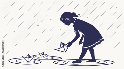 Silhouette of a girl placing a paper boat into a puddle on a rainy day with two other boats afloat