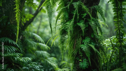 A tree trunk in a lush jungle covered by epiphytic ferns and various other plants, Phuket, Thailand photo