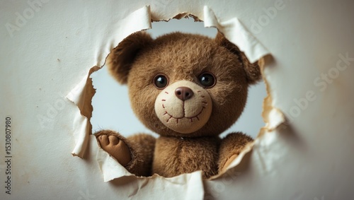 Bear Doll slipping through a paper hole.