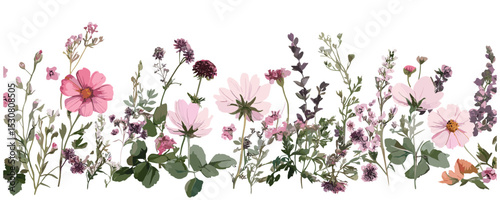Wildflowers, floral border with pink flowers and foliage, vector illustration, wedding invitation card, birthday, cutout, botanical art, rustic flowers, garden decor, hand-drawn style.