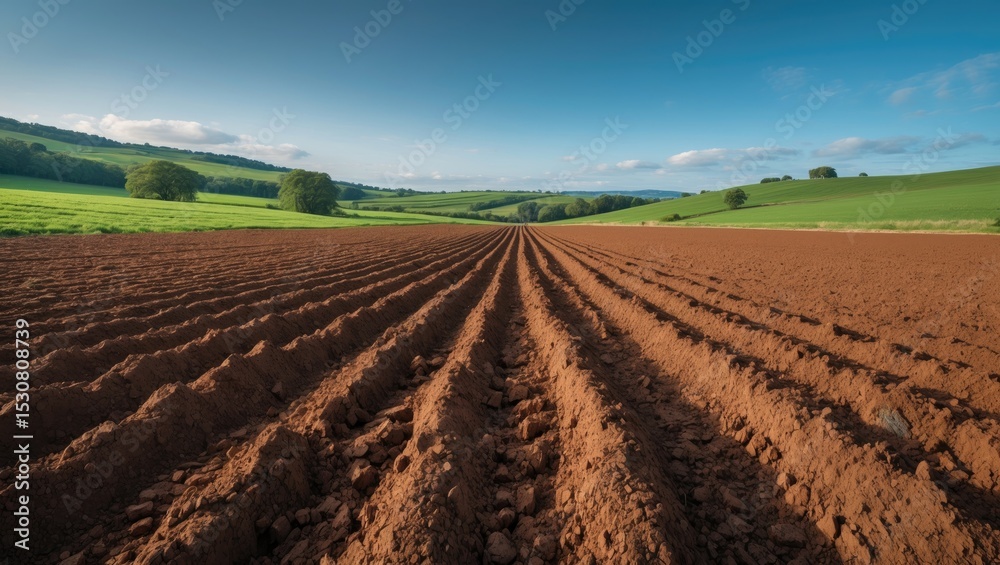Agricultural scenery featuring a newly planted potato crop in chalky soil near Sledmere under a blue summer sky in the Yorkshire Wolds. Agricultural scenery featuring a newly planted potato crop in chalky soil near Sledmere under a blue summer sky in the Yorkshire Wolds.