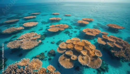 Fototapeta Naklejka Na Ścianę i Meble -  Aerial perspective of the Great Barrier Reef coral reef formation in Whitsundays, Airlie Beach, Queensland, Australia