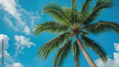 Fototapeta Naklejka Na Ścianę i Meble -  Beautiful lush palm trees on a hot summer beach day on vacation in Florida with clear skies and a refreshing breeze from the ocean