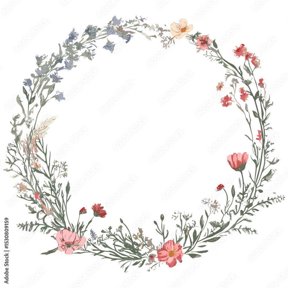 Fototapeta premium Floral frame with wildflowers, hand drawn wedding card, invitation for birthday, botanical vector illustration, nature inspired flowers, romantic floral design, cutout.