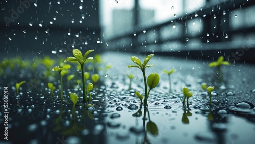 A lively green sprout emerges strongly from a rain-drenched urban street, representing life and renewal amid concrete environments