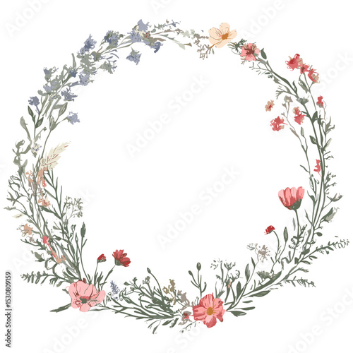 Floral frame with wildflowers, hand drawn wedding card, invitation for birthday, botanical vector illustration, nature inspired flowers, romantic floral design, cutout.