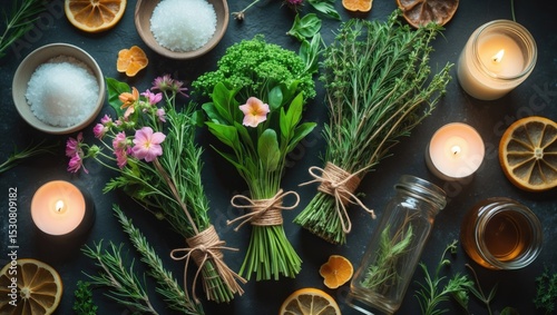 Aromatherapy. Dried flowers. Herbal remedies. Overhead perspective.