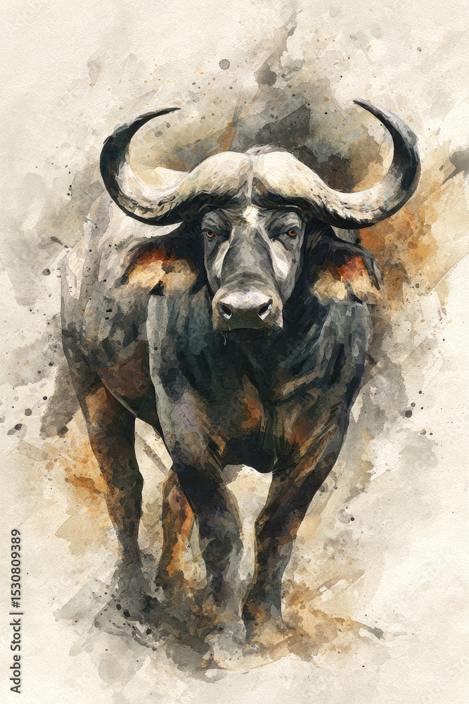 Naklejka premium Watercolor painting of a Cape buffalo