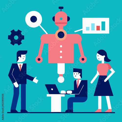 AI integration in the workplace, where humans and robots work side-by-side.