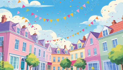 Colorful town celebrates with festive bunting in sunny sky with confetti.