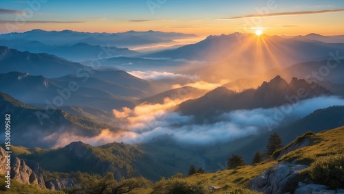Beautiful landscape in the mountains at sunrise with stunning scenery and breathtaking views.