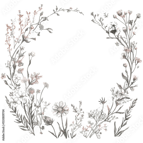 Hand drawn floral frame, greeting card with wildflowers, wedding invitation, birthday card design, vector illustration, garden flowers, boho floral decor, floral template.