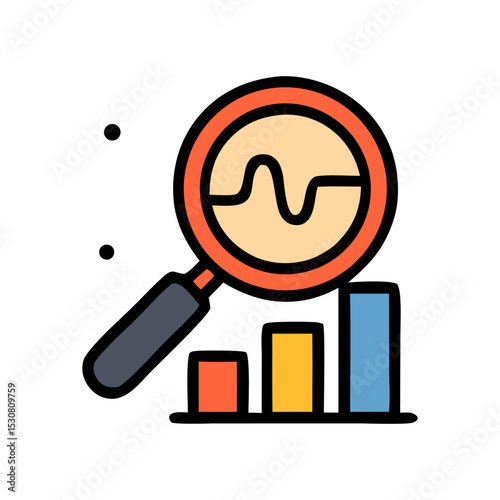 Analyzing The Data: An illustrative image of a magnifying glass focused on a graph showing a stock market trend and bar graphs emphasizing data analytics and financial analysis. 