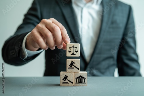 Wooden blocks with legal symbols are being stacked.