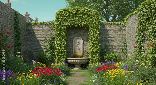 Serene Stone Garden with Blooming Flowers and Antique Fountain
