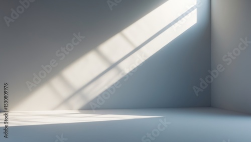 Abstract white studio background for product presentation. Wall featuring shadows cast by a window. Showcase product against a blurred background.