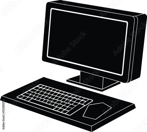 Retro Isometric Computer Setup Illustration Silhouette With Keyboard and Monitor Display