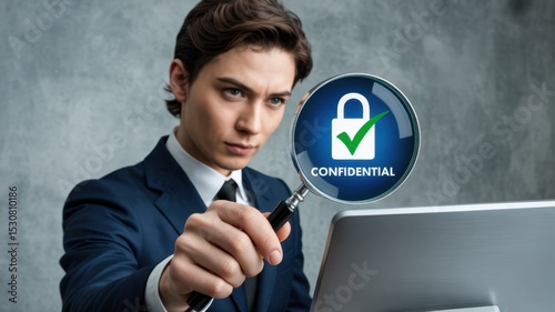 Businessman examines confidential data through magnifying glass.
