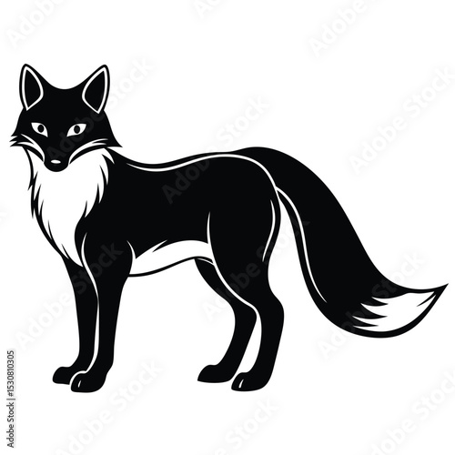 Beautiful fox stands calmly with alert eyes and a bushy tail visible