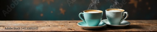 Two steaming coffee cups sit on weathered wood surface, energy, texture