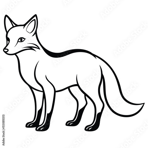 Black outline creates a simplified fox illustration standing attentively and confidently looking forward