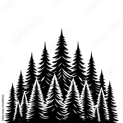 Dense coniferous woodland logo with powerful black silhouette of clustered pine trees conveying untamed natural beauty