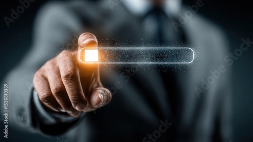 businessman in a gray suit reaching out to tap a glowing transparent search bar interface