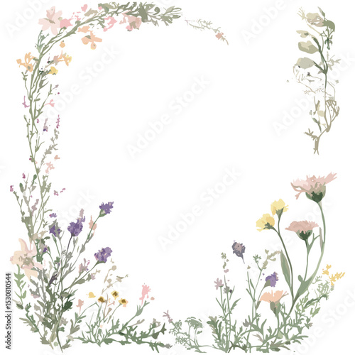 Floral frame with wildflowers, hand drawn card for wedding, birthday invite, holiday celebrations, vector illustration, botanical art, elegant flower bouquet, seasonal design.
