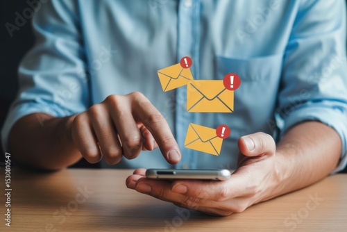 Person interacting with a smartphone displaying multiple email notifications.