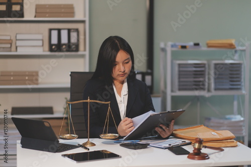 Judge gavel with Justice lawyers having team meeting at law firm background. Concepts of Law and Legal services.